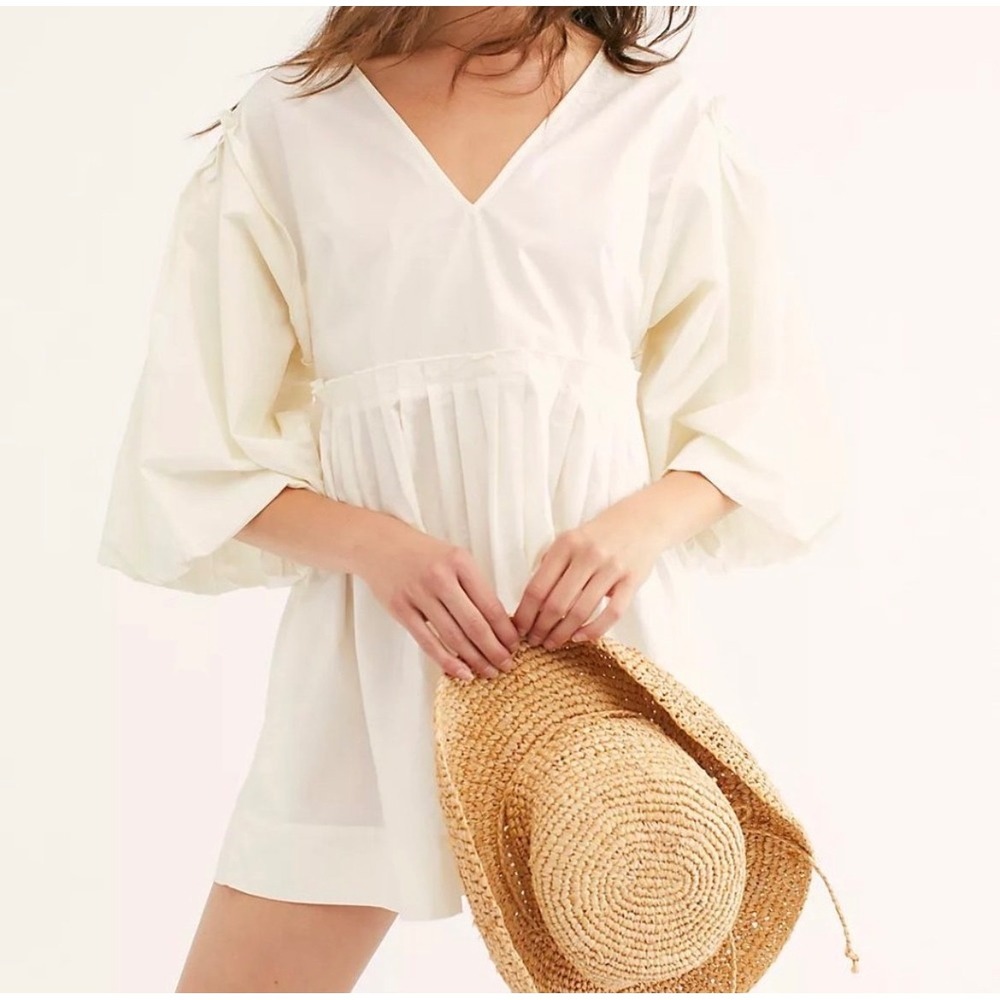 Free‎ People Ivory Balloon Sleeve Babydoll Mini Dress Button Detail Large NWT
